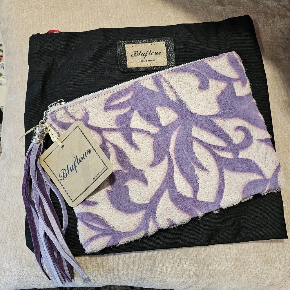 Blufleur Purple & White Clutch - Suede & Cowhide - Handmade in Greece - NWT